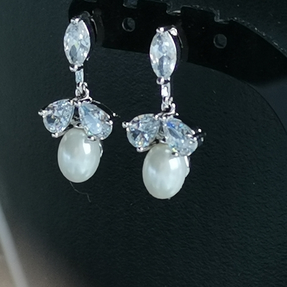 Cubic Zirconia Cultured Freshwater Pearl Dangle Earrings - Picture 6 of 7